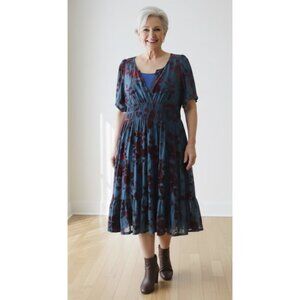 ESHAKTI WAYWARD FANCIES Floral Velvet Burnout Smocked Waist Tiered Dress Evening